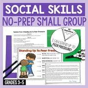 Educational materials for social skills training with text and graphics on a purple background