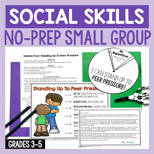 Educational materials for social skills training with text and graphics on a purple background