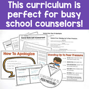 Educational materials for social skills development with text highlighting curriculum suitability for busy school counselors.