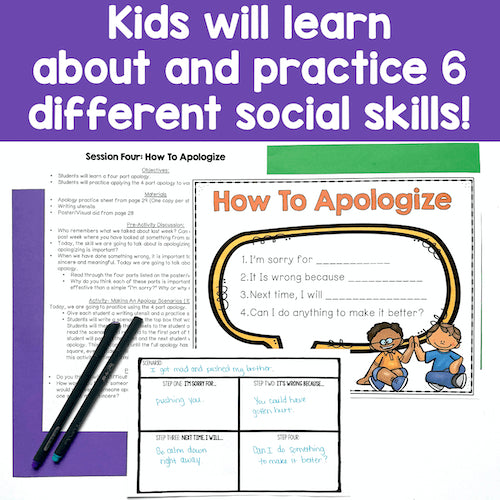 Educational material on how to apologize with text and graphics on a purple background