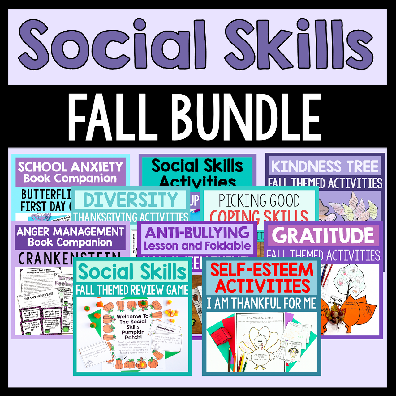 Collection of social skills resources with a fall theme on a purple background