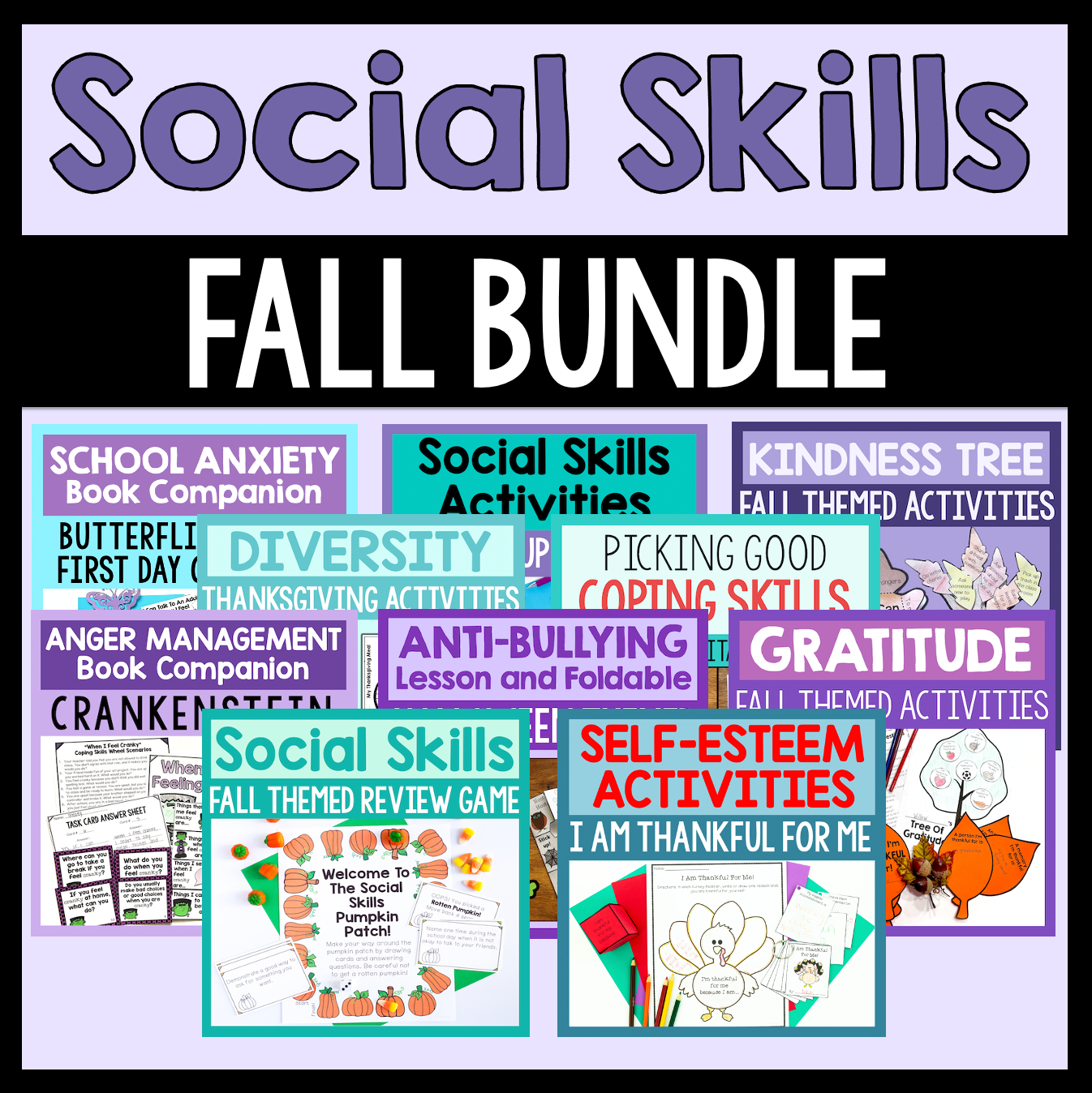 Collection of social skills resources with a fall theme on a purple background