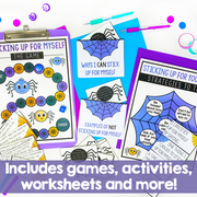 Educational materials with spider graphics and text on a white background