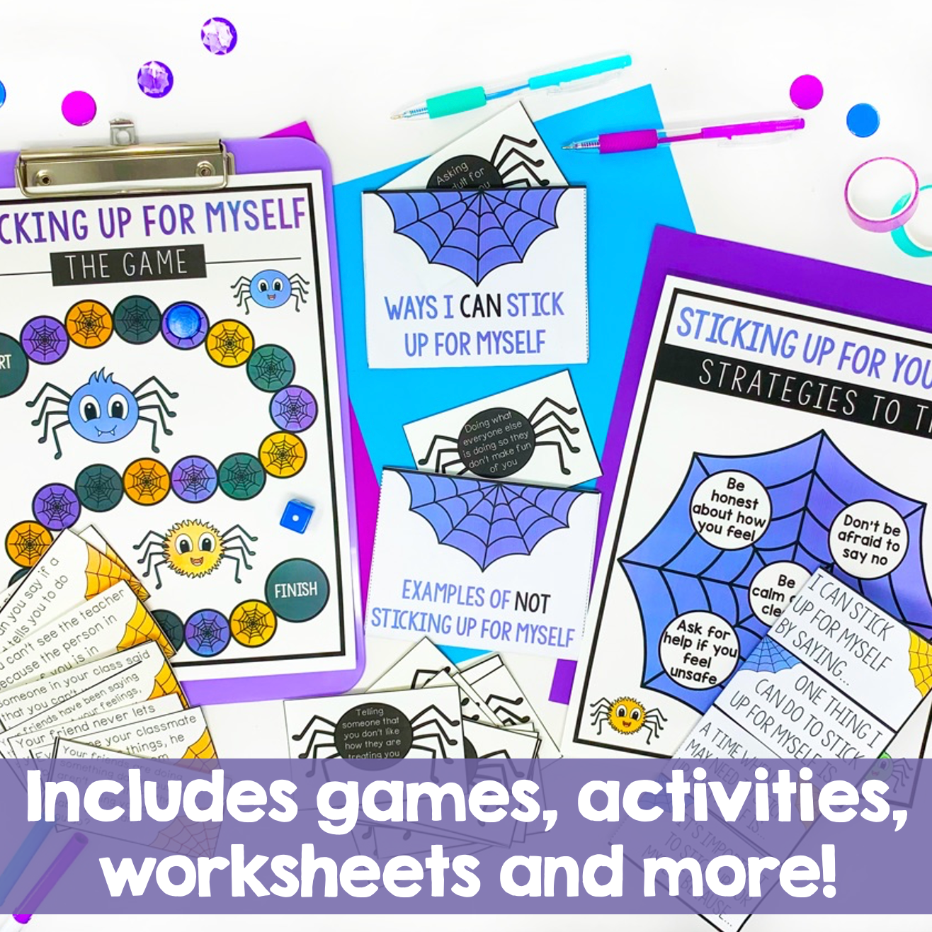 Educational materials with spider graphics and text on a white background