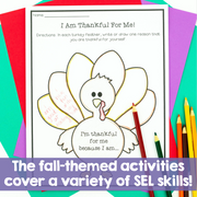 Coloring page with a turkey and text for fall-themed activities on a colorful background