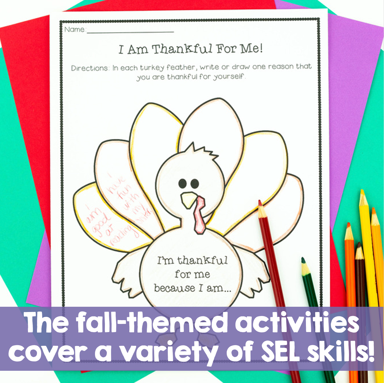 Coloring page with a turkey and text for fall-themed activities on a colorful background