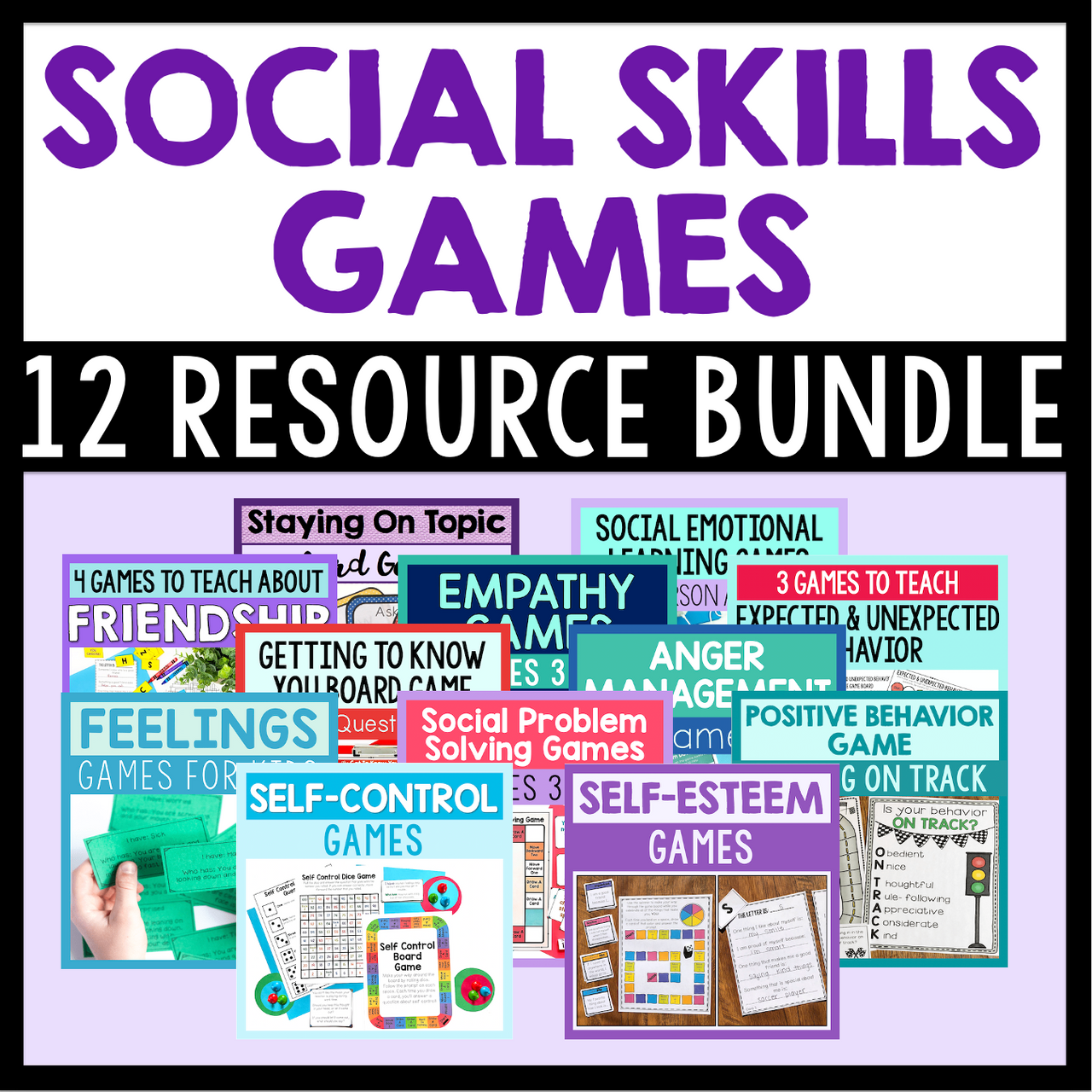 Promotional image for a 'Social Skills Games' 12 Resource Bundle with colorful text and graphics.