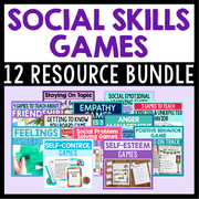 Promotional image for a 'Social Skills Games' 12 Resource Bundle with colorful text and graphics.