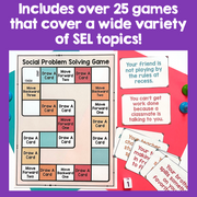 Educational game board with cards on a colorful background, promoting social problem-solving skills.