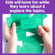 Hands holding green cards with text, on a purple background with text about learning and exploring topics.