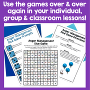 Anger Management Dice Game with game cards and dice on a purple background