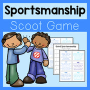 Sportsmanship Scoot Game with cartoon children on a blue background