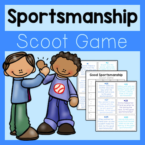 Sportsmanship Scoot Game with cartoon children on a blue background
