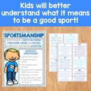 Educational materials on sportsmanship for children on a wooden surface with text about understanding sportsmanship.