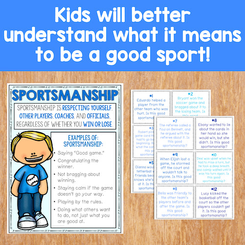 Educational materials on sportsmanship for children on a wooden surface with text about understanding sportsmanship.