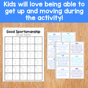 Good Sportsmanship Scoot Game on a wooden surface with text about kids loving movement during activities.