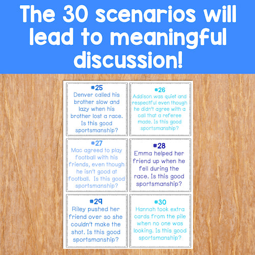 Educational cards on sportsmanship with text on a wooden surface and blue background