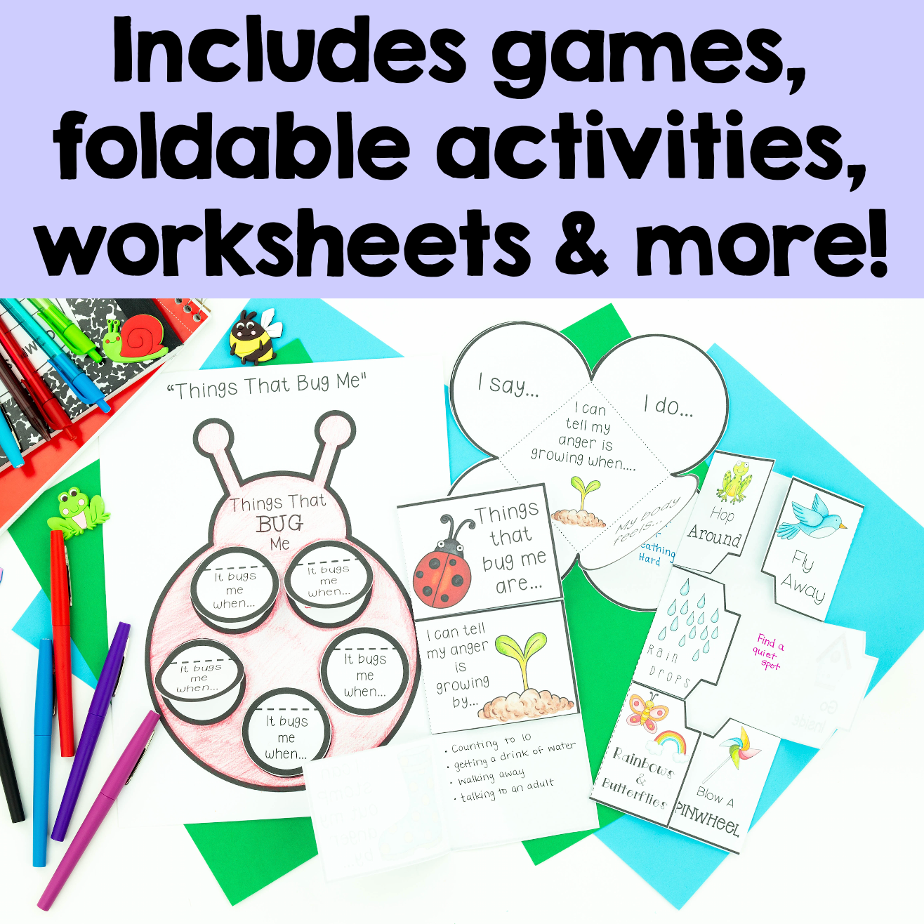 Educational materials with foldable activities, worksheets, and games on a colorful background.