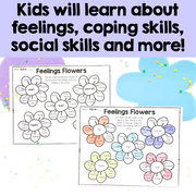 Educational materials for teaching feelings and coping skills with flower diagrams on a colorful background.