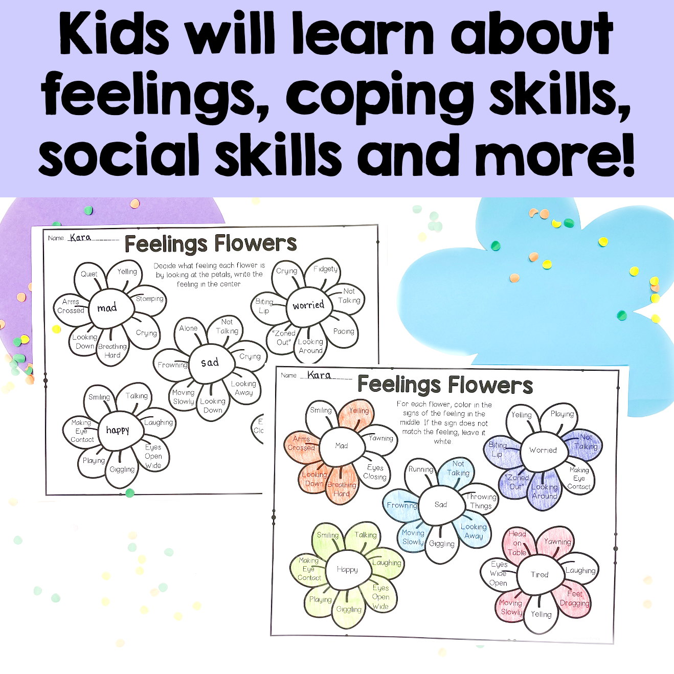 Educational materials for teaching feelings and coping skills with flower diagrams on a colorful background.