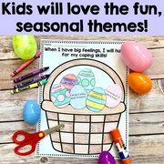 Educational activity sheet with Easter basket design on a wooden surface with colorful eggs and crayons.