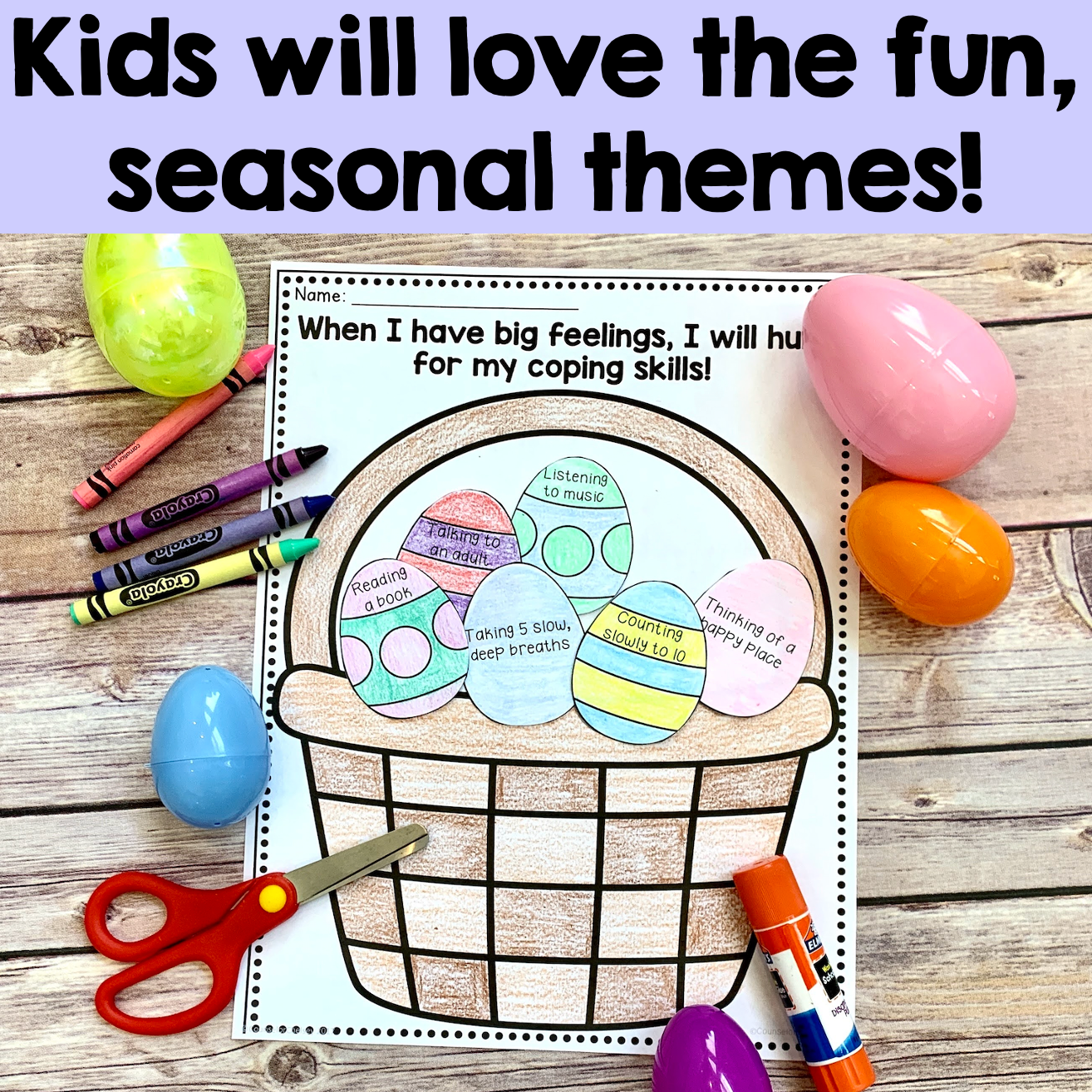Educational activity sheet with Easter basket design on a wooden surface with colorful eggs and crayons.