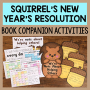Book companion activities for 'Squirrel's New Year's Resolution' on a wooden background