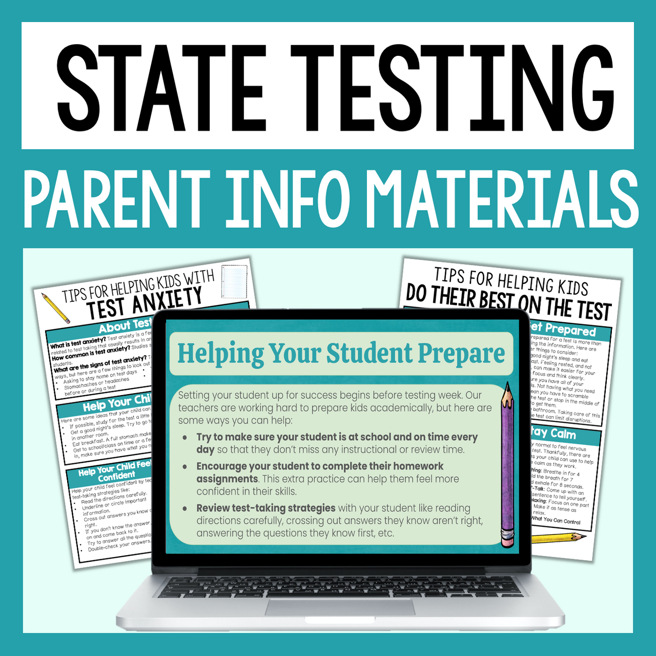 State testing parent information materials with a laptop displaying a document on a teal background.