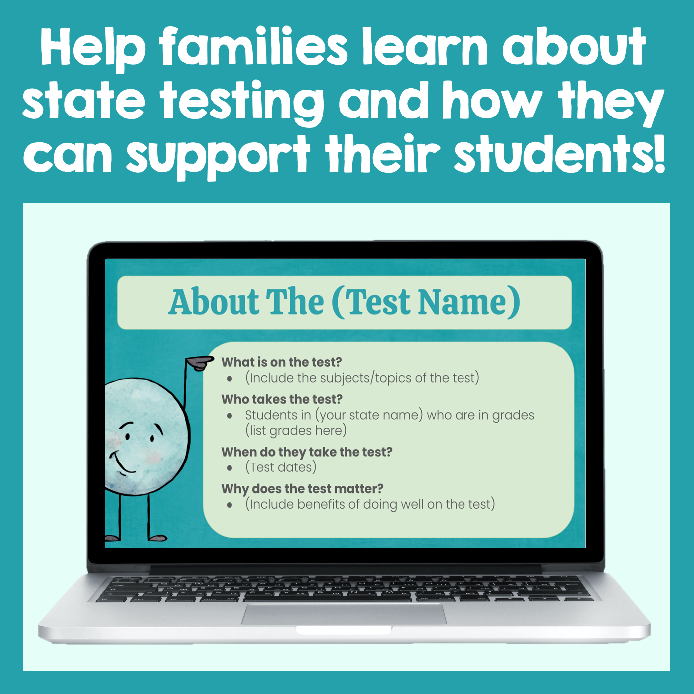 Laptop screen displaying information about a test with a blue background and text about helping families understand state testing.