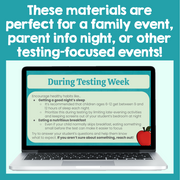 Laptop displaying educational content on a teal background with text about family events and testing-focused events.