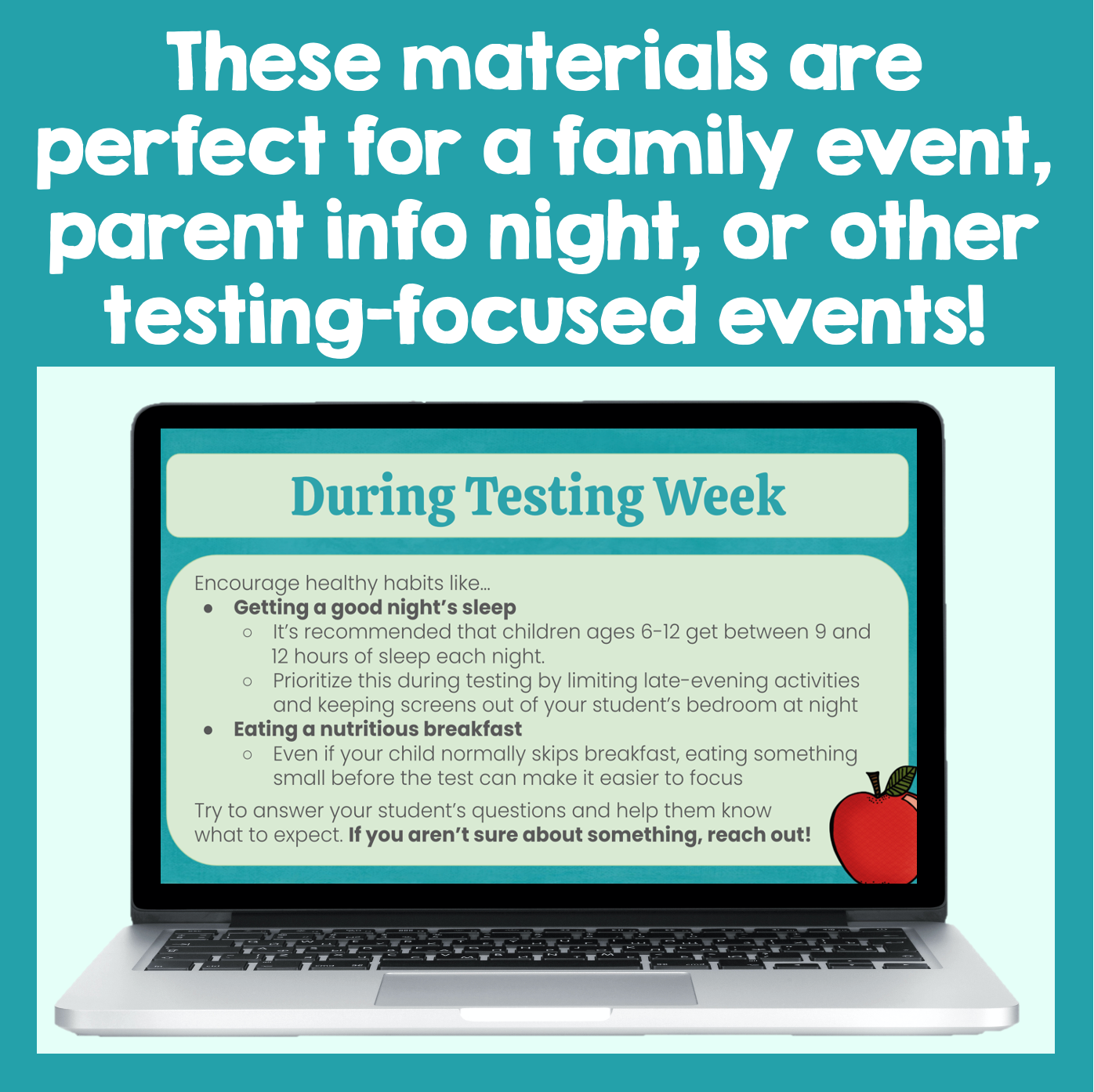 Laptop displaying educational content on a teal background with text about family events and testing-focused events.