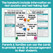 Educational handouts on test anxiety and test-taking tips with colorful characters and text.