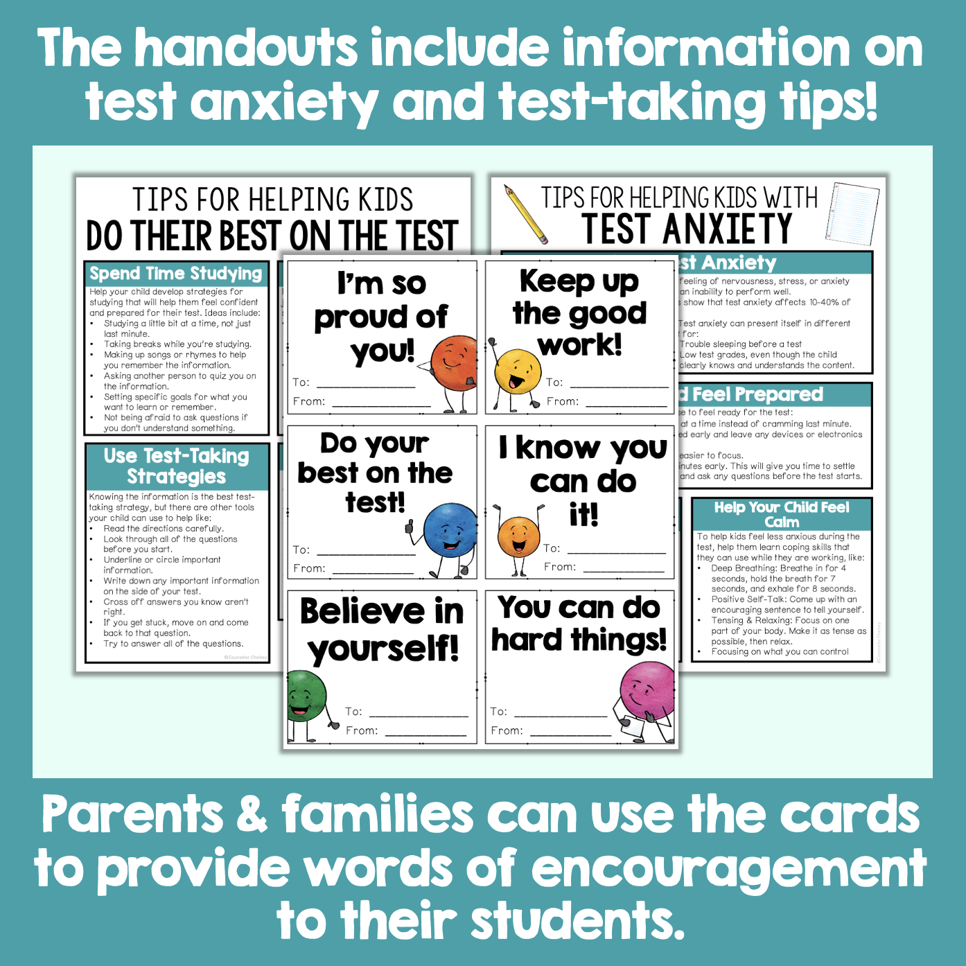 Educational handouts on test anxiety and test-taking tips with colorful characters and text.