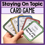 Hand holding educational card game with text on a purple background