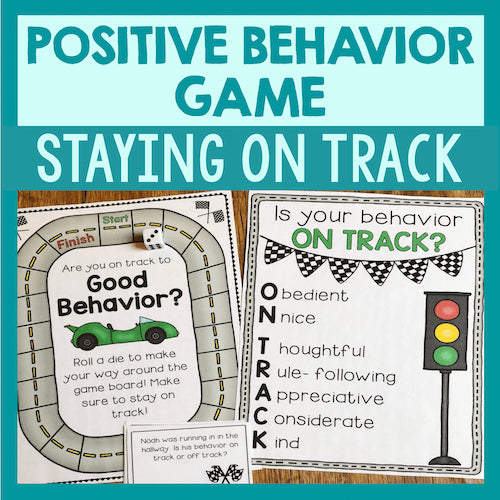 Positive behavior game with game board and cards on a teal background