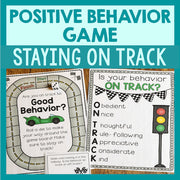 Positive behavior game with game board and cards on a teal background