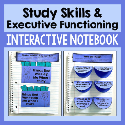 Interactive notebook for study skills and executive functioning with blue and white design