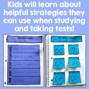 Notebook pages with study strategies and test-taking tips on a blue background