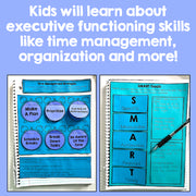 Educational materials on time management and SMART goals with text about executive functioning skills on a blue background.