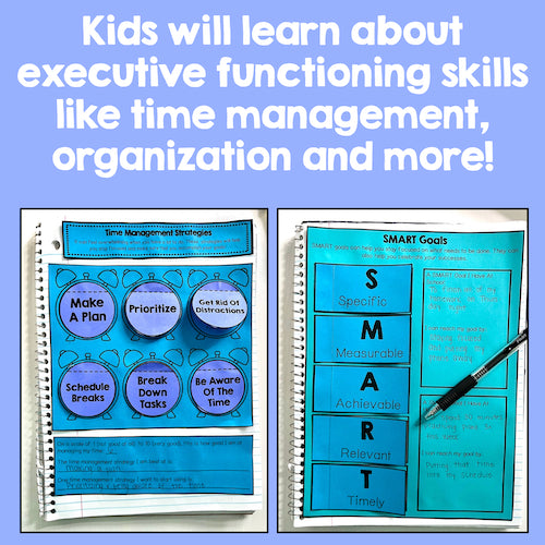 Educational materials on time management and SMART goals with text about executive functioning skills on a blue background.