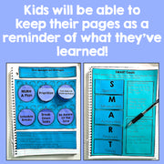 Educational materials with time management strategies and SMART goals on a blue background