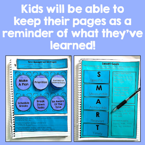 Educational materials with time management strategies and SMART goals on a blue background