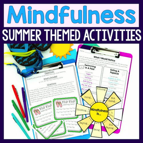 Mindfulness summer themed activities with worksheets and colorful text on a white background