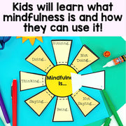 Educational tool for teaching mindfulness with text and colorful components on a blue background