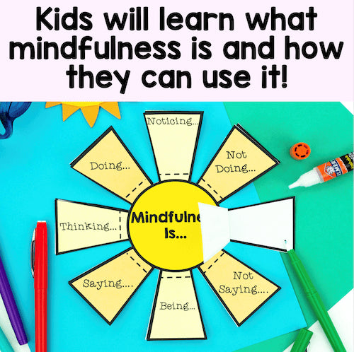 Educational tool for teaching mindfulness with text and colorful components on a blue background