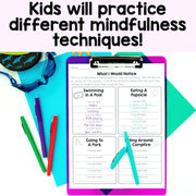 Colorful clipboard with mindfulness activity sheet and writing utensils on a white background
