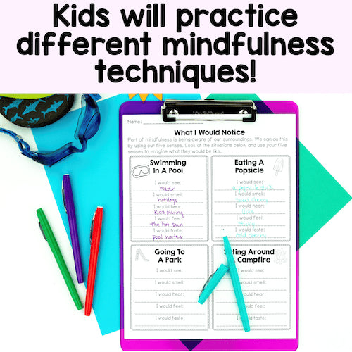 Colorful clipboard with mindfulness activity sheet and writing utensils on a white background