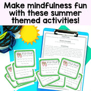 Summer-themed mindfulness activities with cards and a clipboard on a colorful background.