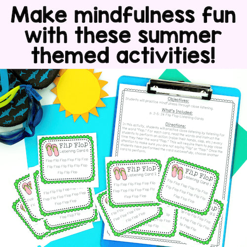 Summer-themed mindfulness activities with cards and a clipboard on a colorful background.