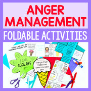 Anger management foldable activities with colorful text and graphics on a purple background